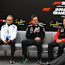 SUZUKA, JAPAN - APRIL 04: Laurent Mekies, Team Principal of Visa Cash App Racing Bulls Andrew Shovlin, Trackside Engineering Director of Mercedes AMG Petronas F1 Team and Ayao Komatsu, Team Principal of Haas F1 in the Team Principals Press Conference during practice ahead of the F1 Grand Prix of Japan at Suzuka Circuit on April 04, 2025 in Suzuka, Japan. (Photo by Mark Sutton/Getty Images)