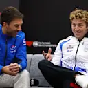 SUZUKA, JAPAN - APRIL 03: Pierre Gasly of France and Alpine F1 and Liam Lawson of New Zealand and Visa Cash App Racing Bulls in the Drivers Press Conference during previews ahead of the F1 Grand Prix of Japan at Suzuka Circuit on April 03, 2025 in Suzuka, Japan. (Photo by Clive Rose/Getty Images)