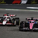BAHRAIN, BAHRAIN - APRIL 13: Pierre Gasly of France driving the (10) Alpine F1 A525 Renault leads Esteban Ocon of France driving the (31) Haas F1 VF-25 Ferrari on track during the F1 Grand Prix of Bahrain at Bahrain International Circuit on April 13, 2025 in Bahrain, Bahrain. (Photo by Rudy Carezzevoli/Getty Images)