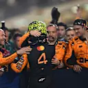BAHRAIN, BAHRAIN - APRIL 13: Third placed Lando Norris of Great Britain and McLaren celebrates in parc ferme with his team during the F1 Grand Prix of Bahrain at Bahrain International Circuit on April 13, 2025 in Bahrain, Bahrain. (Photo by Rudy Carezzevoli/Getty Images)