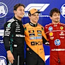 BAHRAIN, BAHRAIN - APRIL 12: Pole position qualifier Oscar Piastri of Australia and McLaren Second placed qualifier George Russell of Great Britain and Mercedes AMG Petronas F1 Team and Third placed qualifier Charles Leclerc of Monaco and Scuderia Ferrari during qualifying ahead of the F1 Grand Prix of Bahrain at Bahrain International Circuit on April 12, 2025 in Bahrain, Bahrain. (Photo by Mark Sutton - Formula 1/Formula 1 via Getty Images)