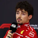BAHRAIN, BAHRAIN - APRIL 12: Third placed qualifier Charles Leclerc of Monaco and Scuderia Ferrari in the Drivers Press Conference during qualifying ahead of the F1 Grand Prix of Bahrain at Bahrain International Circuit on April 12, 2025 in Bahrain, Bahrain. (Photo by Clive Rose/Getty Images)