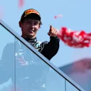 MONTREAL, QUEBEC - JUNE 15: Third placed Andrea Kimi Antonelli of Italy and Mercedes AMG Petronas F1 Team on the podium during the F1 Grand Prix of Canada at Circuit Gilles-Villeneuve on June 15, 2025 in Montreal, Quebec. (Photo by Malcolm Griffiths - Formula 1/Formula 1 via Getty Images)