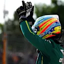 MONTREAL, QUEBEC - JUNE 14: Sixth placed qualifier Fernando Alonso of Spain and Aston Martin F1 Team celebrates in parc ferme during qualifying ahead of the F1 Grand Prix of Canada at Circuit Gilles-Villeneuve on June 14, 2025 in Montreal, Quebec. (Photo by Rudy Carezzevoli/Getty Images)