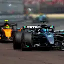 IMOLA, ITALY - MAY 18: George Russell of Great Britain driving the (63) Mercedes AMG Petronas F1 Team W16 leads Lando Norris of Great Britain driving the (4) McLaren MCL39 Mercedes on track during the F1 Grand Prix of Emilia-Romagna at Autodromo Internazionale Enzo e Dino Ferrari on May 18, 2025 in Imola, Italy. (Photo by Bryn Lennon - Formula 1/Formula 1 via Getty Images)