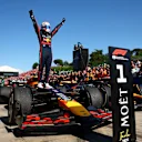 IMOLA, ITALY - MAY 18: Race winner Max Verstappen of the Netherlands and Oracle Red Bull Racing celebrates on arrival in parc ferme during the F1 Grand Prix of Emilia-Romagna at Autodromo Internazionale Enzo e Dino Ferrari on May 18, 2025 in Imola, Italy. (Photo by Bryn Lennon - Formula 1/Formula 1 via Getty Images)