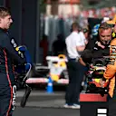 IMOLA, ITALY - MAY 17: Second placed qualifier Max Verstappen of the Netherlands and Oracle Red Bull Racing and Pole position qualifier Oscar Piastri of Australia and McLaren talk in parc ferme during qualifying ahead of the F1 Grand Prix of Emilia-Romagna at Autodromo Internazionale Enzo e Dino Ferrari on May 17, 2025 in Imola, Italy. (Photo by Mark Thompson/Getty Images)