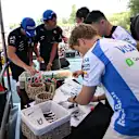 BUDAPEST, HUNGARY - AUGUST 01: Carlos Sainz of Spain and Williams Alexander Albon of Thailand and