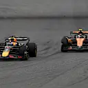 MIAMI, FLORIDA - MAY 04: Max Verstappen of the Netherlands driving the (1) Oracle Red Bull Racing RB21 leads Lando Norris of Great Britain driving the (4) McLaren MCL39 Mercedes on track during the F1 Grand Prix of Miami at Miami International Autodrome on May 04, 2025 in Miami, Florida. (Photo by Mark Sutton - Formula 1/Formula 1 via Getty Images)