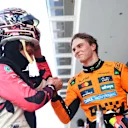 MIAMI, FLORIDA - MAY 02: Sprint Pole qualifier Andrea Kimi Antonelli of Italy and Mercedes AMG Petronas F1 Team and Sprint 2nd qualifier Oscar Piastri of Australia and McLaren congratulate each other in parc ferme during Sprint qualifying ahead of the F1 Grand Prix of Miami at Miami International Autodrome on May 02, 2025 in Miami, Florida. (Photo by Bryn Lennon - Formula 1/Formula 1 via Getty Images)