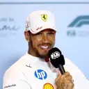 MIAMI, FLORIDA - MAY 01: Lewis Hamilton of Great Britain and Scuderia Ferrari speaks in the Drivers Press Conference during previews ahead of the F1 Grand Prix of Miami at Miami International Autodrome on May 01, 2025 in Miami, Florida. (Photo by Clive Rose/Getty Images)