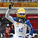 MIAMI, FLORIDA - MAY 03: Third placed Lewis Hamilton of Great Britain and Scuderia Ferrari celebrates in parc ferme during the Sprint ahead of the F1 Grand Prix of Miami at Miami International Autodrome on May 03, 2025 in Miami, Florida. (Photo by Rudy Carezzevoli/Getty Images)