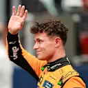 MIAMI, FLORIDA - MAY 03: Sprint winner Lando Norris of Great Britain and McLaren waves in parc ferme during the Sprint ahead of the F1 Grand Prix of Miami at Miami International Autodrome on May 03, 2025 in Miami, Florida. (Photo by Hector Vivas/Getty Images)