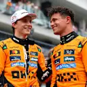 MIAMI, FLORIDA - MAY 03: Sprint winner Lando Norris of Great Britain and McLaren and Second placed Oscar Piastri of Australia and McLaren talk in parc ferme during the Sprint ahead of the F1 Grand Prix of Miami at Miami International Autodrome on May 03, 2025 in Miami, Florida. (Photo by Bryn Lennon - Formula 1/Formula 1 via Getty Images)