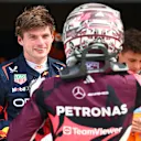 MIAMI, FLORIDA - MAY 03: Pole position qualifier Max Verstappen of the Netherlands and Oracle Red Bull Racing and Third placed qualifier Andrea Kimi Antonelli of Italy and Mercedes AMG Petronas F1 Team talk in parc ferme during qualifying ahead of the F1 Grand Prix of Miami at Miami International Autodrome on May 03, 2025 in Miami, Florida. (Photo by Mark Thompson/Getty Images)