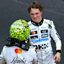 MONTE-CARLO, MONACO - MAY 25: Third placed Oscar Piastri of Australia and McLaren congratulates Race winner Lando Norris of Great Britain and McLaren in parc ferme during the F1 Grand Prix of Monaco at Circuit de Monaco on May 25, 2025 in Monte-Carlo, Monaco. (Photo by Clive Rose/Getty Images)