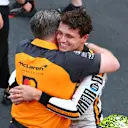 MONTE-CARLO, MONACO - MAY 25: Race winner Lando Norris of Great Britain and McLaren embraces Zak Brown, Chief Executive Officer of McLaren in parc ferme during the F1 Grand Prix of Monaco at Circuit de Monaco on May 25, 2025 in Monte-Carlo, Monaco. (Photo by Clive Rose/Getty Images)