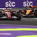 JEDDAH, SAUDI ARABIA - APRIL 20: Lewis Hamilton of Great Britain driving the (44) Scuderia Ferrari SF-25 leads Lando Norris of Great Britain driving the (4) McLaren MCL39 Mercedes on track during the F1 Grand Prix of Saudi Arabia at Jeddah Corniche Circuit on April 20, 2025 in Jeddah, Saudi Arabia. (Photo by Alex Pantling/Getty Images)