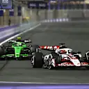 JEDDAH, SAUDI ARABIA - APRIL 20: Esteban Ocon of France driving the (31) Haas F1 VF-25 Ferrari leads Gabriel Bortoleto of Brazil driving the (5) Kick Sauber C45 Ferrari on track during the F1 Grand Prix of Saudi Arabia at Jeddah Corniche Circuit on April 20, 2025 in Jeddah, Saudi Arabia. (Photo by Mark Sutton - Formula 1/Formula 1 via Getty Images)