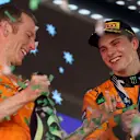 JEDDAH, SAUDI ARABIA - APRIL 20: Race winner Oscar Piastri of Australia and McLaren celebrates with his teammate on the podium during the F1 Grand Prix of Saudi Arabia at Jeddah Corniche Circuit on April 20, 2025 in Jeddah, Saudi Arabia. (Photo by Alex Pantling/Getty Images)