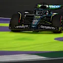JEDDAH, SAUDI ARABIA - APRIL 18: Lance Stroll of Canada driving the (18) Aston Martin F1 Team AMR25 Mercedes on track during practice ahead of the F1 Grand Prix of Saudi Arabia at Jeddah Corniche Circuit on April 18, 2025 in Jeddah, Saudi Arabia. (Photo by Rudy Carezzevoli/Getty Images)