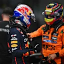 JEDDAH, SAUDI ARABIA - APRIL 19: Pole position qualifier Max Verstappen of the Netherlands and Oracle Red Bull Racing and Second placed qualifier Oscar Piastri of Australia and McLaren celebrate in parc ferme during qualifying ahead of the F1 Grand Prix of Saudi Arabia at Jeddah Corniche Circuit on April 19, 2025 in Jeddah, Saudi Arabia. (Photo by Rudy Carezzevoli/Getty Images)