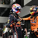 JEDDAH, SAUDI ARABIA - APRIL 19: Pole position qualifier Max Verstappen of the Netherlands and Oracle Red Bull Racing and Second placed qualifier Oscar Piastri of Australia and McLaren celebrates in parc ferme during qualifying ahead of the F1 Grand Prix of Saudi Arabia at Jeddah Corniche Circuit on April 19, 2025 in Jeddah, Saudi Arabia. (Photo by Mark Sutton - Formula 1/Formula 1 via Getty Images)