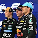 JEDDAH, SAUDI ARABIA - APRIL 19: Pole position qualifier Max Verstappen of the Netherlands and Oracle Red Bull Racing Second placed qualifier Oscar Piastri of Australia and McLaren and Third placed qualifier George Russell of Great Britain and Mercedes AMG Petronas F1 Team during qualifying ahead of the F1 Grand Prix of Saudi Arabia at Jeddah Corniche Circuit on April 19, 2025 in Jeddah, Saudi Arabia. (Photo by Mark Sutton - Formula 1/Formula 1 via Getty Images)