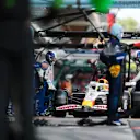BARCELONA, SPAIN - JUNE 01: Isack Hadjar of France driving the (6) Visa Cash App Racing Bulls VCARB 02 makes a pitstop during the F1 Grand Prix of Spain at Circuit de Barcelona-Catalunya on June 01, 2025 in Barcelona, Spain. (Photo by Mark Thompson/Getty Images)