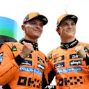 BARCELONA, SPAIN - JUNE 01: Race winner Oscar Piastri of Australia and McLaren and Second placed Lando Norris of Great Britain and McLaren celebrate in parc ferme during the F1 Grand Prix of Spain at Circuit de Barcelona-Catalunya on June 01, 2025 in Barcelona, Spain. (Photo by Mark Sutton - Formula 1/Formula 1 via Getty Images)