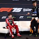 BARCELONA, SPAIN - JUNE 01: Second placed Lando Norris of Great Britain and McLaren and Third placed Charles Leclerc of Monaco and Scuderia Ferrari in the Drivers Press Conference during the F1 Grand Prix of Spain at Circuit de Barcelona-Catalunya on June 01, 2025 in Barcelona, Spain. (Photo by Clive Rose/Getty Images)