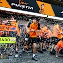 BARCELONA, SPAIN - JUNE 01: Race winner Oscar Piastri of Australia and McLaren celebrates with his team during the F1 Grand Prix of Spain at Circuit de Barcelona-Catalunya on June 01, 2025 in Barcelona, Spain. (Photo by Clive Rose - Formula 1/Formula 1 via Getty Images)