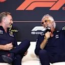 BARCELONA, SPAIN - MAY 30: Christian Horner, Team Principal of Oracle Red Bull Racing and Flavio Briatore, Executive Advisor of Alpine F1 in the Team Principals Press Conference during practice ahead of the F1 Grand Prix of Spain at Circuit de Barcelona-Catalunya on May 30, 2025 in Barcelona, Spain. (Photo by Clive Rose/Getty Images)
