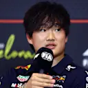 BARCELONA, SPAIN - MAY 29: Yuki Tsunoda of Japan and Oracle Red Bull Racing speaks in the Drivers Press Conference during previews ahead of the F1 Grand Prix of Spain at Circuit de Barcelona-Catalunya on May 29, 2025 in Barcelona, Spain. (Photo by Clive Rose/Getty Images)