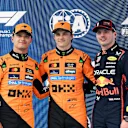 BARCELONA, SPAIN - MAY 31: Pole position qualifier Oscar Piastri of Australia and McLaren Second placed qualifier Lando Norris of Great Britain and McLaren and Third placed qualifier Max Verstappen of the Netherlands and Oracle Red Bull Racing look on during qualifying ahead of the F1 Grand Prix of Spain at Circuit de Barcelona-Catalunya on May 31, 2025 in Barcelona, Spain. (Photo by Mark Sutton - Formula 1/Formula 1 via Getty Images)
