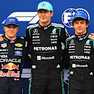 MELBOURNE, AUSTRALIA - MARCH 07: Pole position qualifier George Russell of Great Britain and