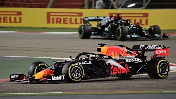 Red Bull's Dutch driver Max Verstappen leads Mercedes' British driver Lewis Hamilton during the