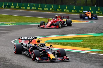 IMOLA, ITALY - APRIL 18:  Sergio Perez of Mexico driving the (11) Red Bull Racing RB16B Honda ahead