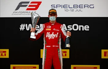 SPIELBERG, AUSTRIA - JULY 11: Race winner Frederik Vesti of Denmark and Prema Racing celebrates on