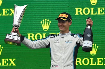 SPA, BELGIUM - AUGUST 29: Second placed George Russell of Great Britain and Williams celebrates on