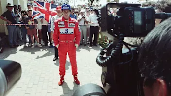 Brazilian driver Ayrton Senna is framed by cameras prior the start of the South African Formula One