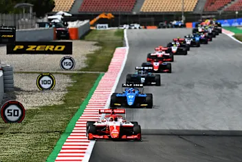 BARCELONA, SPAIN - MAY 09: Dennis Hauger of Norway and Prema Racing (1) leads Victor Martins of