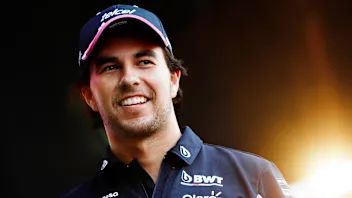Sergio Perez, Racing Point, on stage at the Fan