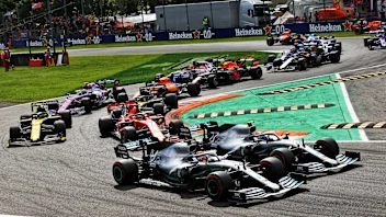 Lewis Hamilton (GBR) Mercedes AMG F1 W10 and Valtteri Bottas (FIN) Mercedes AMG F1 W10 at the start