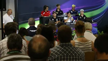 (L to R) Roberto Merhi (ESP) Manor GP, Sergio Perez (MEX) Force India, Romain Grosjean (FRA) Lotus