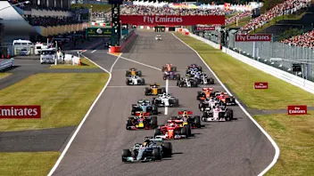 Lewis Hamilton (GBR) Mercedes-Benz F1 W08 Hybrid leads at the start of the race at Formula One