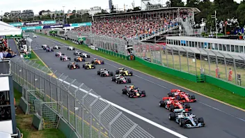Lewis Hamilton (GBR) Mercedes-AMG F1 W09 EQ Power+ leads at the start of the race at Formula One