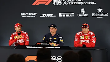 (L to R): Sebastian Vettel, Ferrari, Max Verstappen, Red Bull Racing and Kimi Raikkonen, Ferrari in