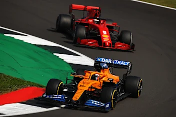NORTHAMPTON, ENGLAND - AUGUST 09: Carlos Sainz of Spain driving the (55) McLaren F1 Team MCL35