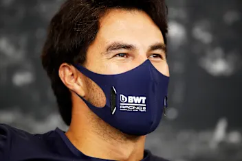 SPA, BELGIUM - AUGUST 27: Sergio Perez of Mexico and Racing Point talks in the Drivers Press